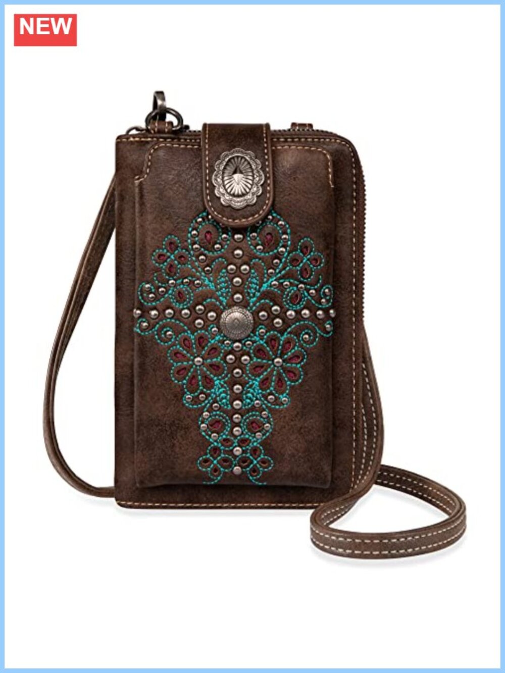 Western Crossbody Phone Wallet RFID Blocking 12 Card Slots Snap Flap Purse